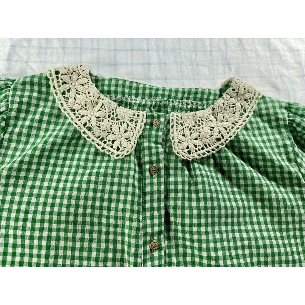 Vintage-Style Green Gingham Crochet Lace Collar House Dress - Size L/XL - Picture 16 of 16